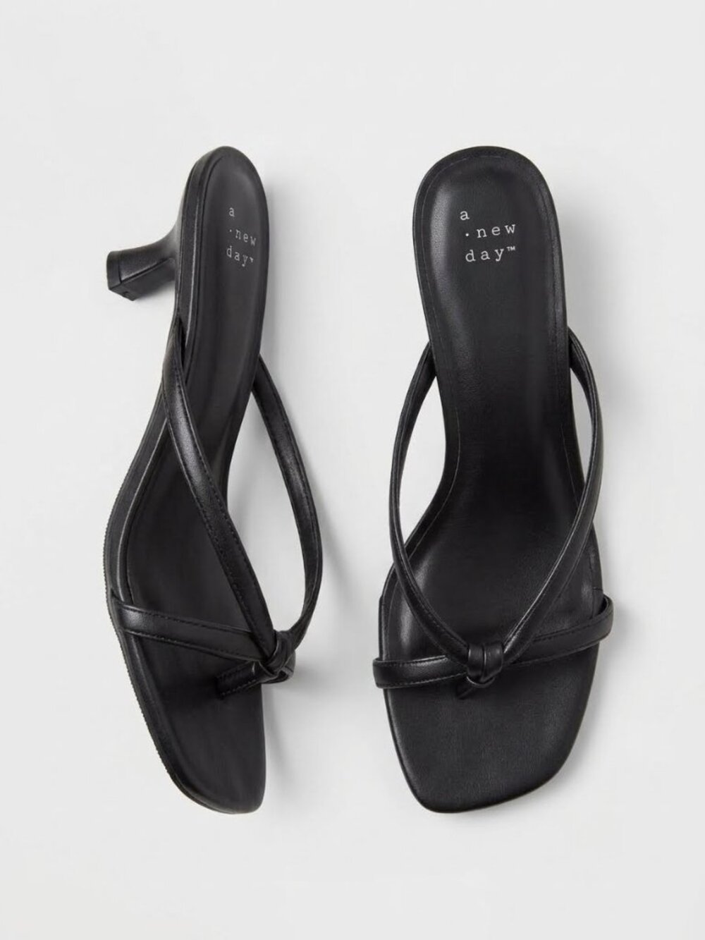 Black Strappy Knotted Kitten Heel Sandals Square Toe Slip On